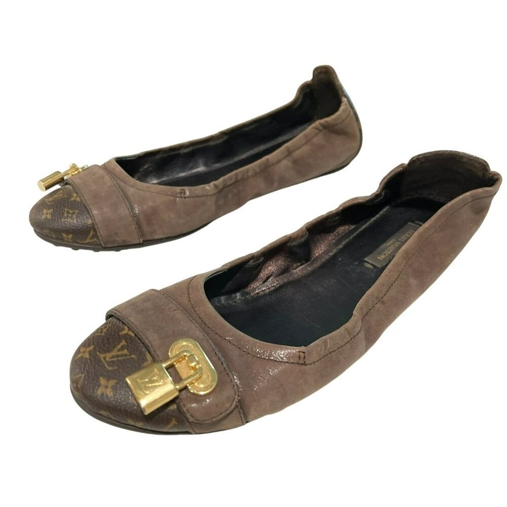 Louis Vuitton Brown Leather & Monogram Canvas Lock Flats Size 8 - Picture 4 of 6